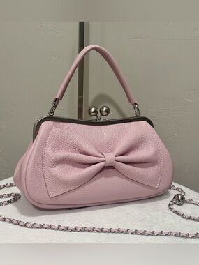 Pink Premium Cowhide Calfskin Handmade Large Bow Kisslock Bag, Multi Use Style